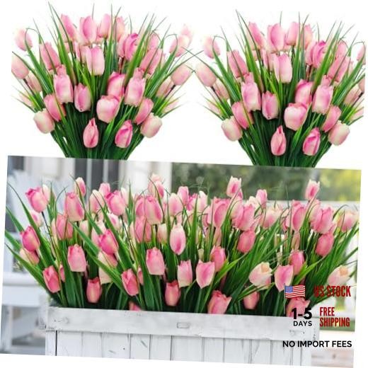 12 Bundles 60 Heads Artificial Tulips Fake Flowers Outdoor UV Resistant Pink
