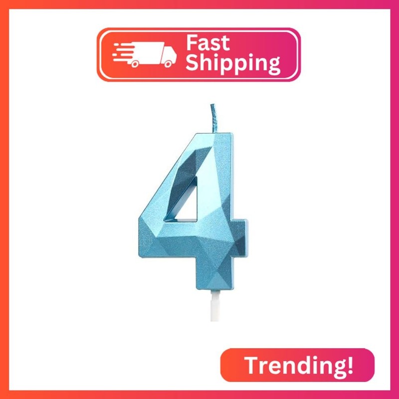 Number 4 Candles,4th Birthday Candles, Blue Happy Birthday Candle for Cake,3D De