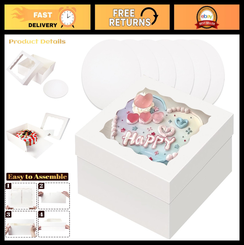 12x12x6 White Cake Boxes with Window – 4 Sets + 12″ Round Cake Boards – Bakery S