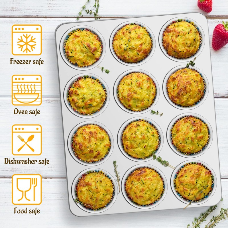 E-far Muffin Pan 12-Cup, Set of 2, Stainless Steel 13.7”x10.4”x1.25”, Silver gallery