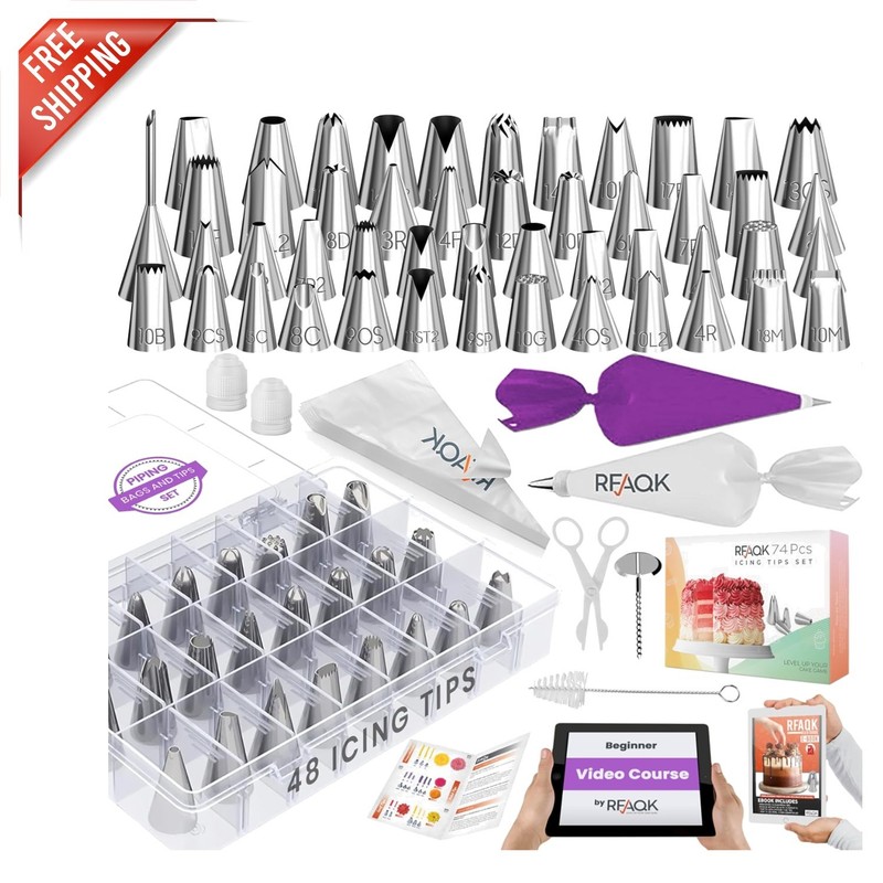 74-Piece Cake Decorating Set with 48 Numbered Piping Tips & E-Book – Purple