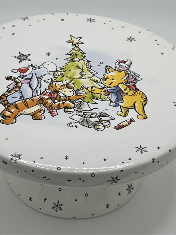 DISNEY Winnie The Pooh Ceramic Cake Pedestal Stand Christmas & Snowflakes 6 Inch gallery