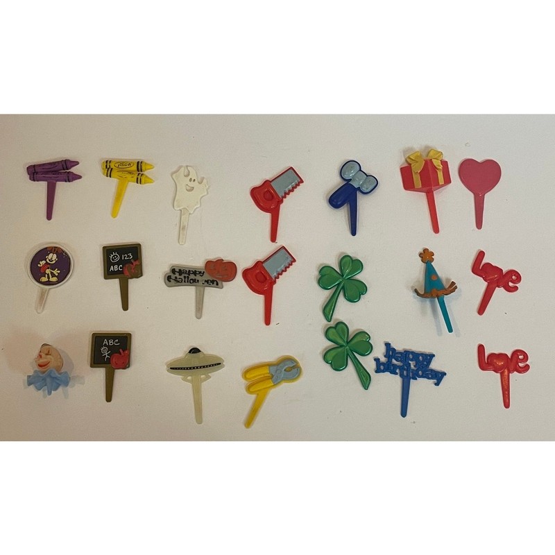 Collection of decorative vintage food picks cupcake toppers, plastic
