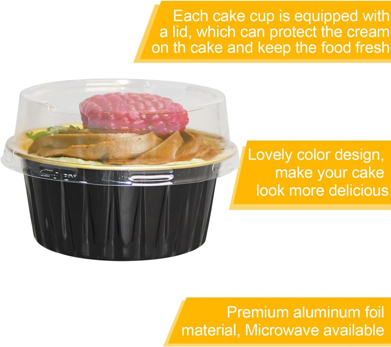 200 Pcs Black Gold 5 OZ Aluminum Foil Baking Cups with Lids 5 round Disposable B gallery