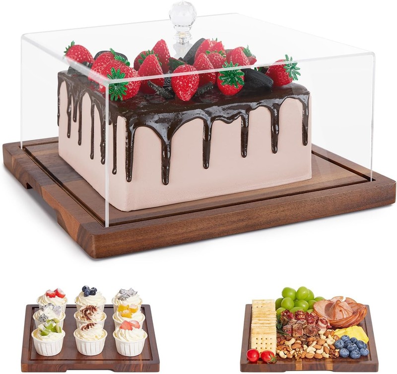Acacia Wood Cake Stand with Lid-Cake Holder with Dome, 2-in-1 Dessert Table Disp