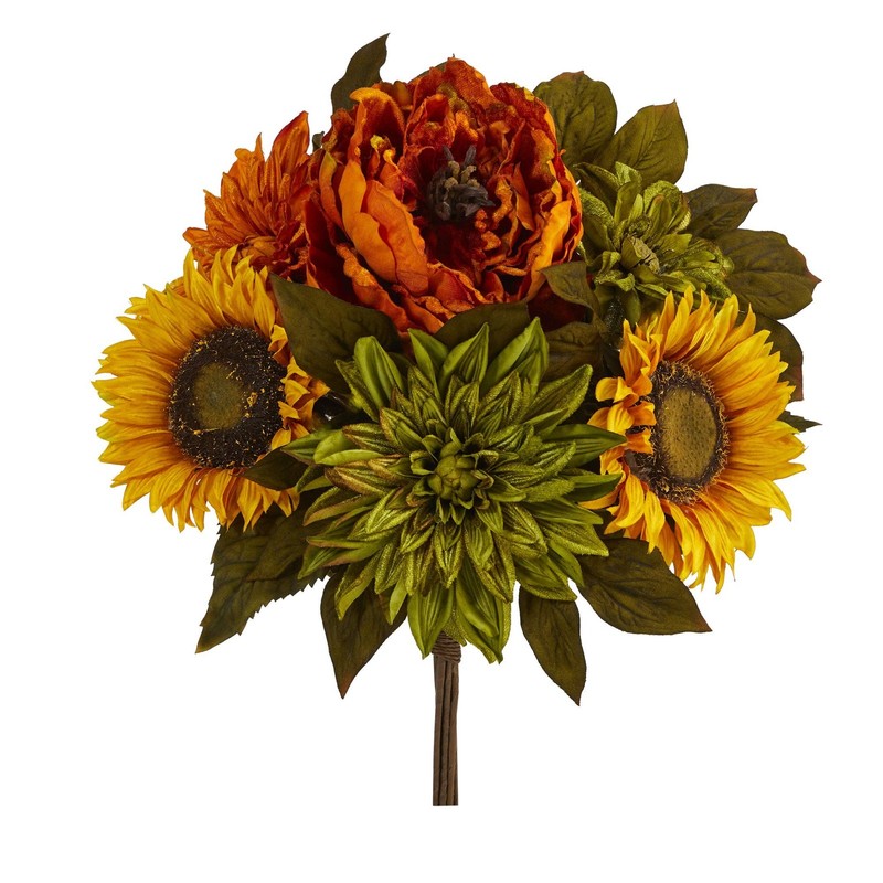 Nearly Natural 16in. Peony Dahlia Sunflower Artificial Flower Bouquet Set of 2