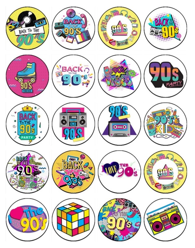 90’s Theme Edible Wafer Cupcake Toppers | Retro birthday Party Cake Decorations