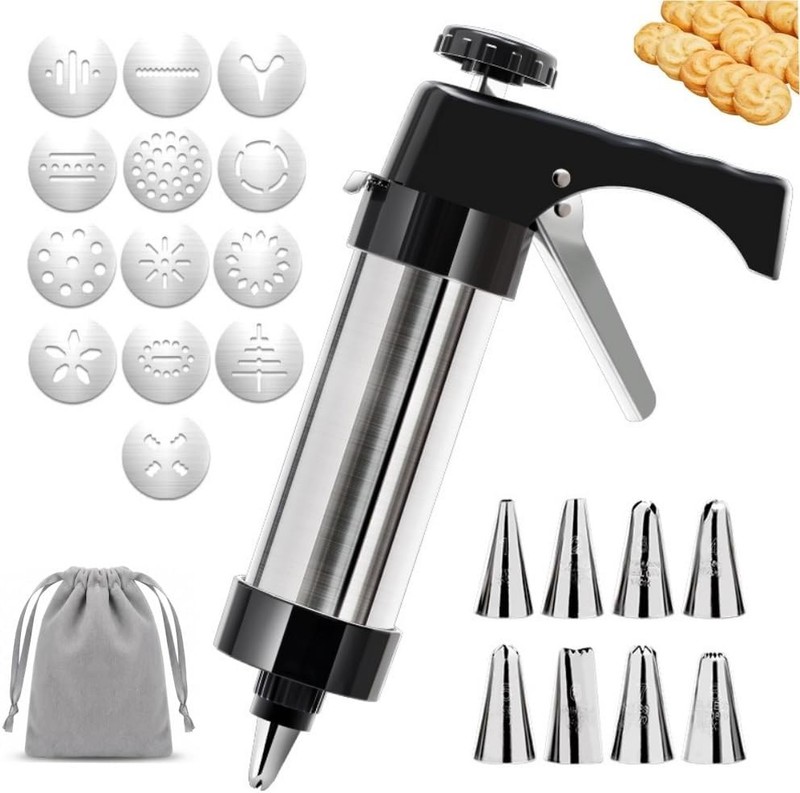 Stainless Steel Cookie Press Gun Kit with 13 Cookie Discs & 8 Piping Tips,