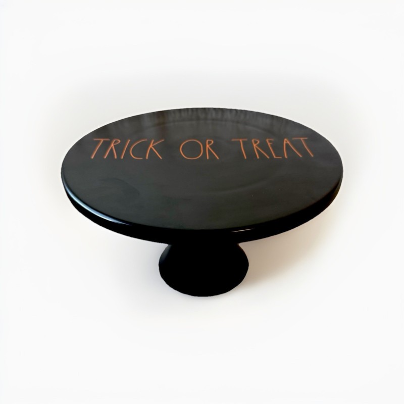 Rae Dunn Black Ceramic ‘Trick or Treat’ Halloween Cake Stand Collectible