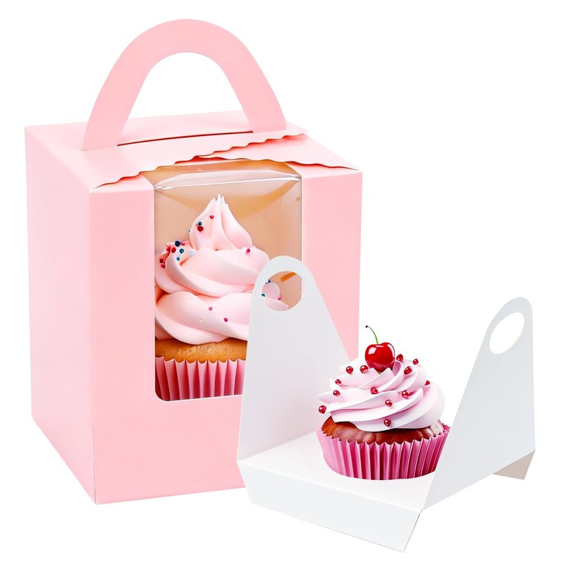 100 PCS Pink Individual Cupcake Boxes With Window Inserts 3.6×3.6×4.3 Inch