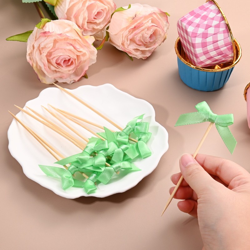 60Pcs Bow Cupcake Toppers Ribbon Bow Cake Toppers for Cupcake Decor[Fruit Green] gallery