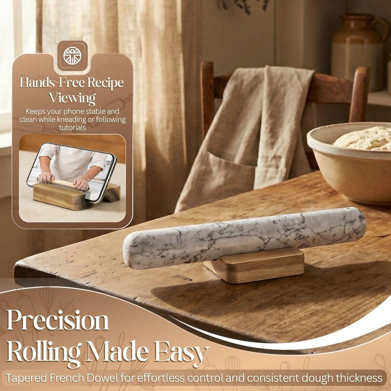 French Rolling Pin, 12 Inch White Marble Rolling Pins for Baking with Wooden ... gallery