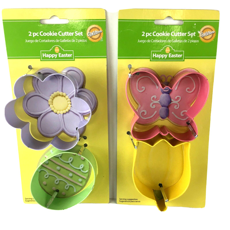 Lot of 2 Wilton 2 Piece Metal Cookie Cutter Sets – Butterfly, Tulip, Flower, Egg