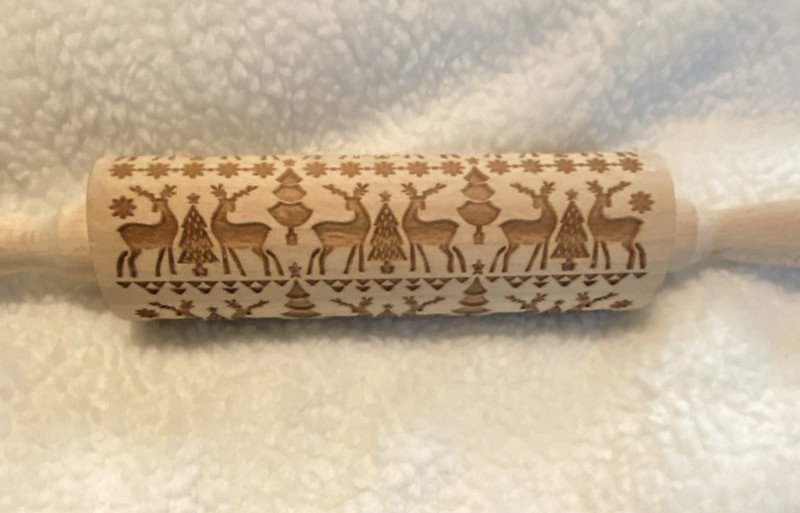 Wood Embossed Rolling Pin w/HandlesChristmas Reindeer Pattern 14 in x 2 1/2 in. gallery