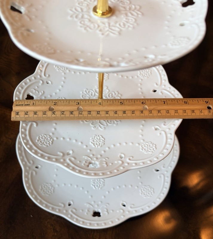 3-Tier White Ceramic Round Floral Embossed Cake Stand w/ Gold Metal Handle gallery