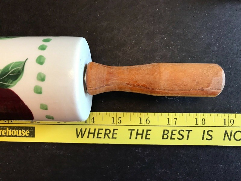 VINTAGE PORCELAIN OR STONEWARE ROLLING PIN, HANDPAINTED APPLES & LEAVES, ABC DIS gallery