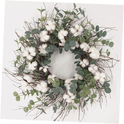 20 Inches Green Wreath with Cotton, Spring and Summer Wreath for 20”