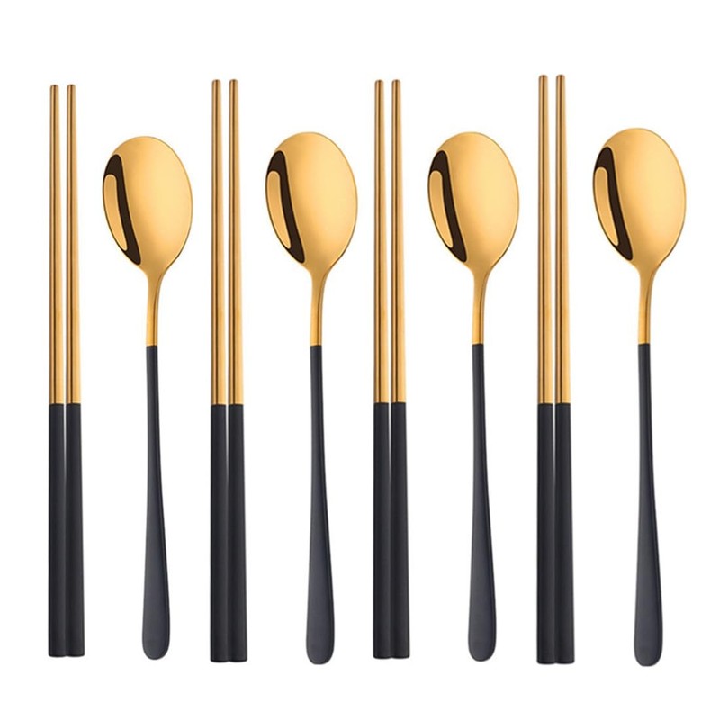 TEAHA Reusable Korean Chopstick and Spoon Set,4 Sets Long Handle Stainless St…