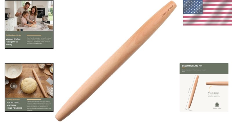 Hand-Sanded 15.75-Inch Tapered Beech Rolling Pin for Bakery-Quality Pastries gallery