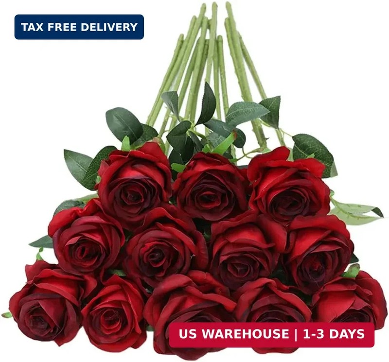 Tifuly 12pcs Red Roses Artificial Flowers,Realistic Long Stem Fake Silk Roses Bo