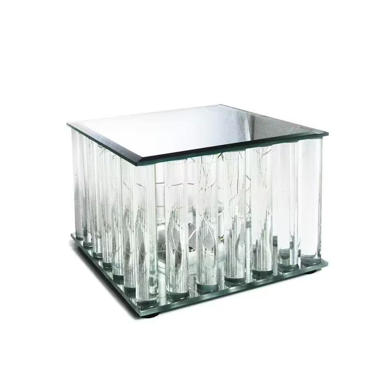 1-Tier Clear Square Mirror LED Fairy Light up Glass Columns Cake Stand Dessert D