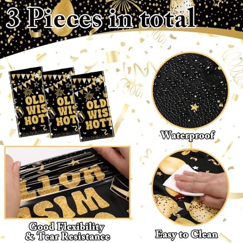 3 Pcs Happy Birthday Tablecloth Plastic Older Wiser Hotter Black, Gold gallery