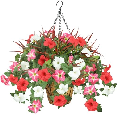 Artificial Flowers Hanging Baskets 5 Pcs with Basket White Red Pink With Basket gallery