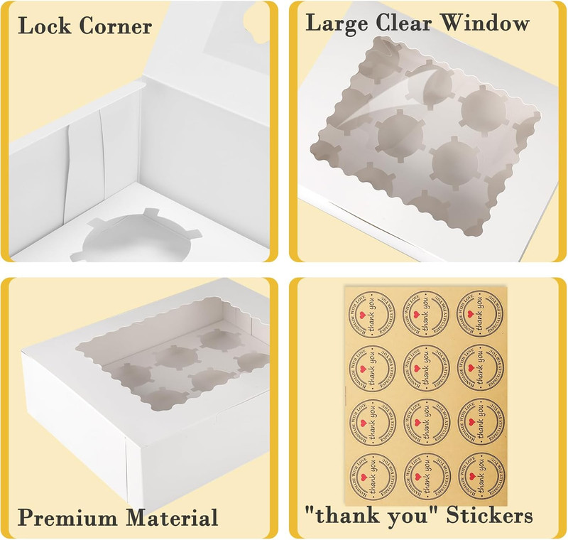 12-Count White Cupcake Boxes with Window and Insert, 13x10x3.5 Inch, Set of 10, gallery