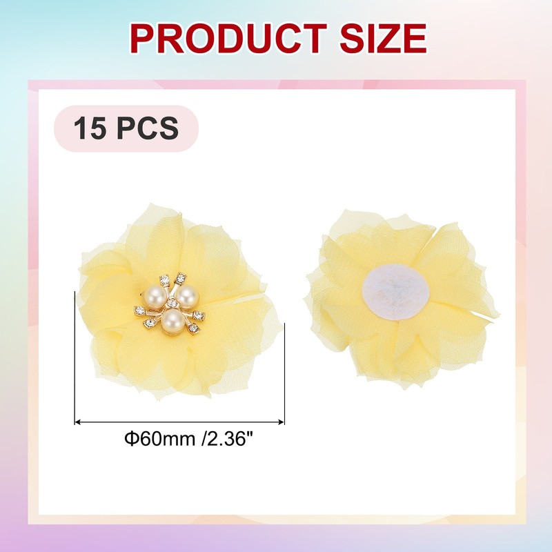 2.36 Inch Rhinestone Chiffon Flower, 15 Pcs Fabric Appliques, Yellow gallery