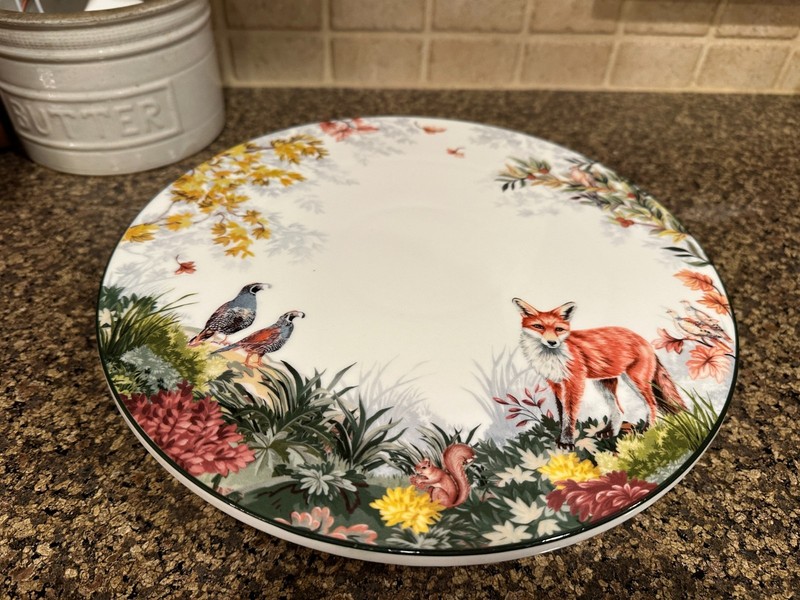 Pottery Barn FANTASTICAL FOREST Stoneware 12" Cake Stand Woodland animals NEW