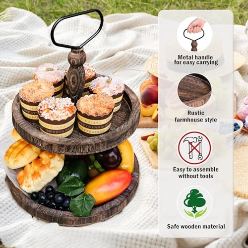 Rustic Wooden 2 Tiered Tray, Round Farmhouse Kitchen Table Decor Brown,coffee gallery