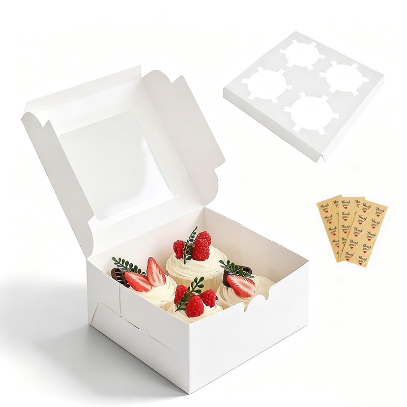 Cupcake Boxes 4 Count with Window, Bakery Boxes, Muffin Containers, Food Grad…
