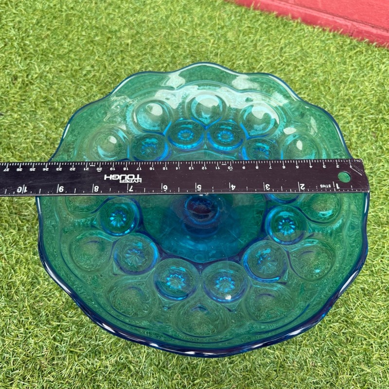 Vintage LE Smith Teal Moon and Stars Glass Pedestal Cake Stand Candy Dish gallery