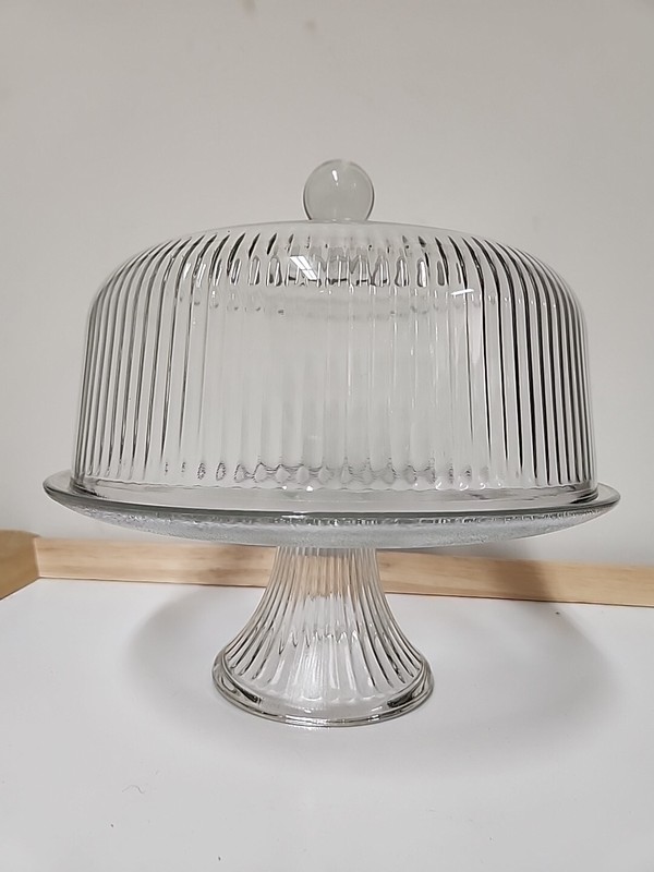 Vintage Dome Covered Pedestal Cake Plate Heavy Ribbed Glass gallery