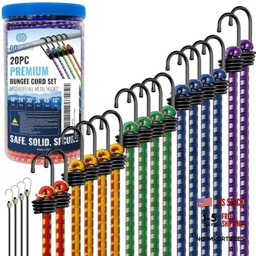 Premium Bungee Cords Heavy Duty, Multi-Color | 20 pcs with Hooks, Storage Jar