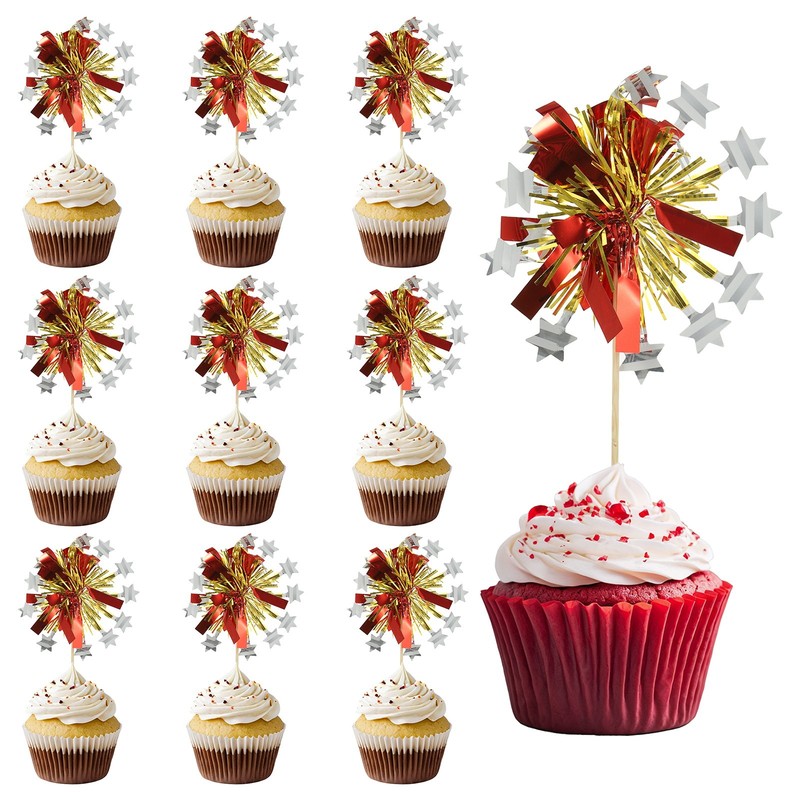 50 Pcs Firework Cupcake Toppers Sparkle Tinsel Snow Picks Red Gold