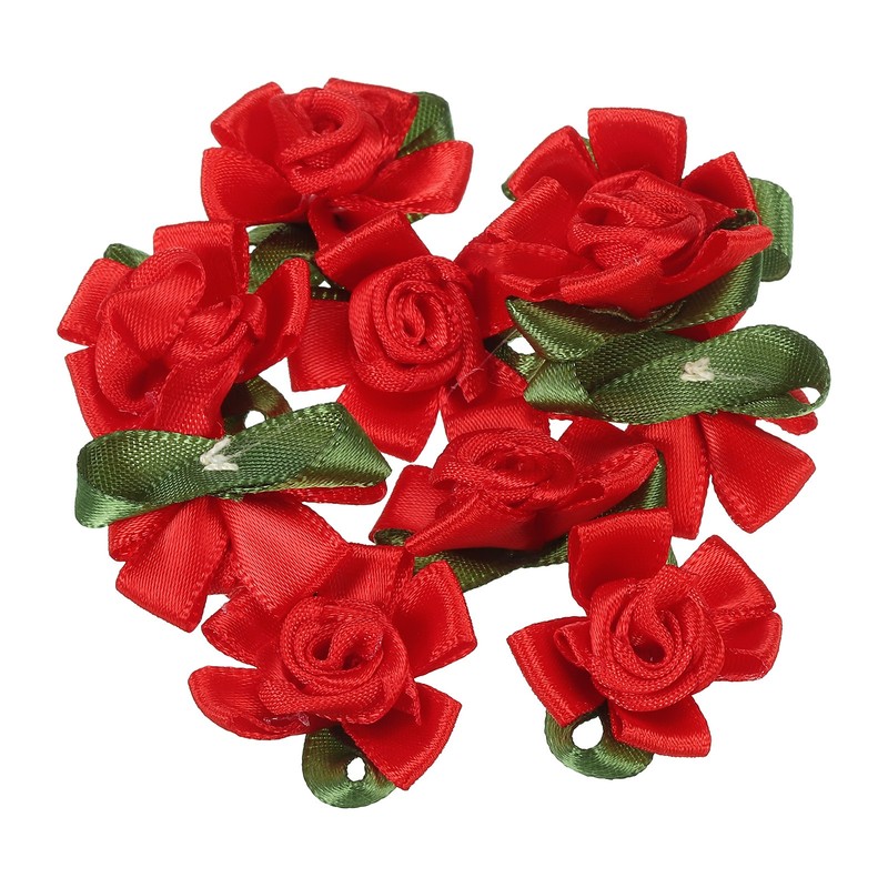 Mini Satin Ribbon Roses,10Pcs Small Rosettes Fabric Flowers w Green Leaves,Red
