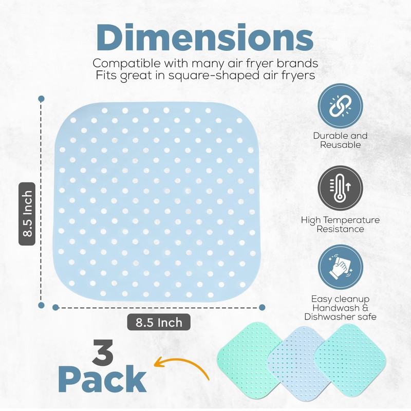 Square Silicone Air Fryer Liners | Washable & Reusable 3-Pack (8.5 x 8.5") - ... gallery
