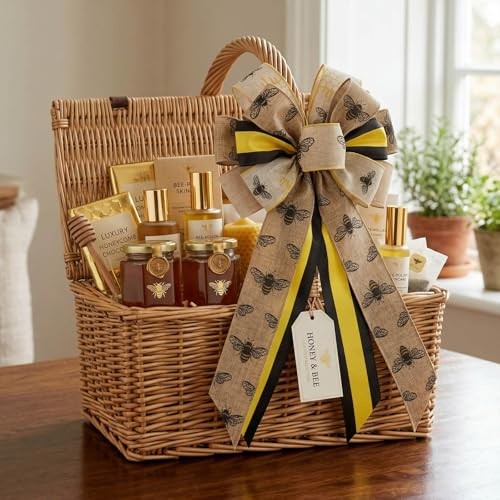 Bee Wreath Bow, Honeycomb Burlap Ribbon Bow Wired Edge 20.87 x 11.42 Inch for gallery