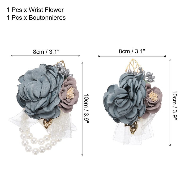 Rose Flower Wrist Corsage and Boutonnieres Set for Wedding Prom, Grey Blue gallery