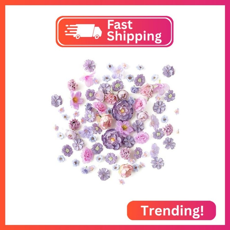 Floroom Mini Artificial Flower Heads Lavender & Purple Fake Peony Daisy Rose Mul