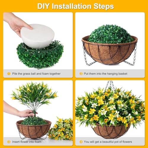 Artificial Hanging Flowers with 12" Basket for Outdoor Decor, Faux B-yellow gallery