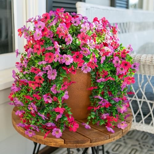 2Pcs Artificial Flowers for Outdoors, Summer Fake Hanging Purple+hotpink
