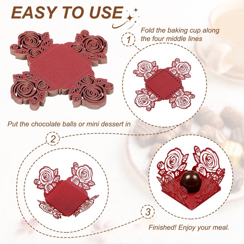 25Pcs 1.4x1.4" Rose Shape Truffle Wrapper Cupcake Liners for Decor, Red gallery