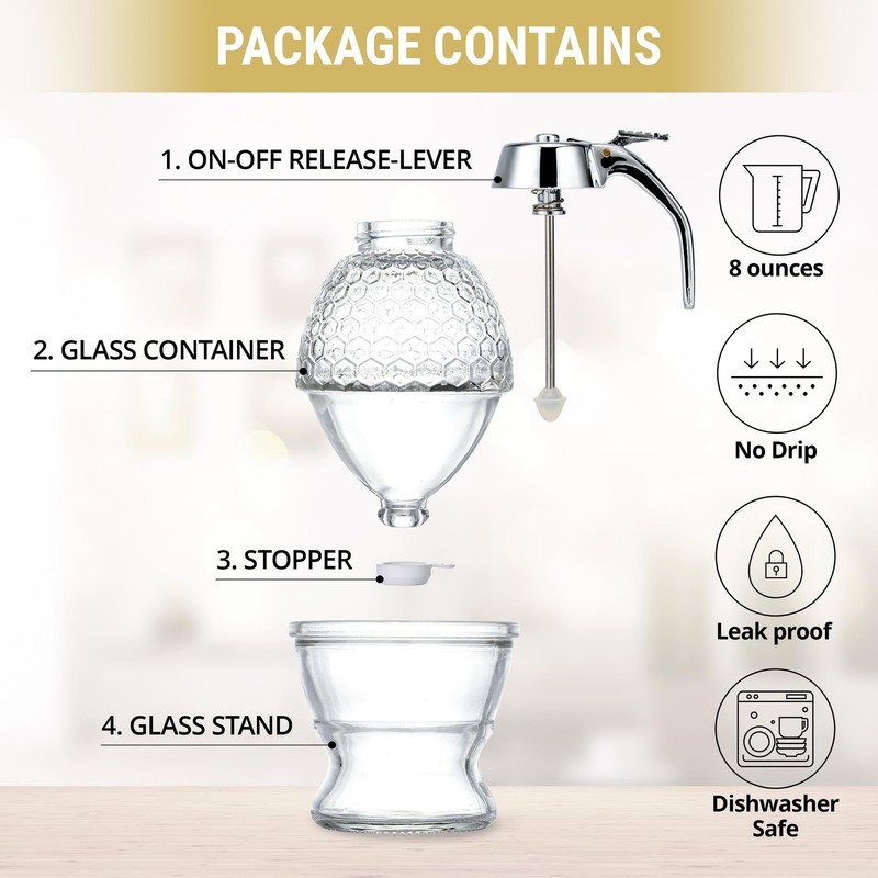 Stainless Steel Shaft, Glass Honey Dispenser, Sleek Silver ABS Lid – No Drip ... gallery