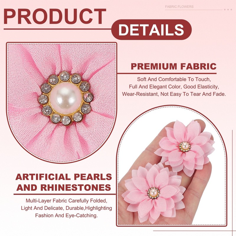 30Pcs 2" Fabric Flowers Rhinestone Pearls Sewing Fabric Flowers Light Pink gallery
