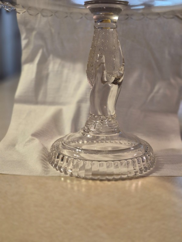 EAPG PRESS GLASS TREE OF LIFE W/HAND PEDESTAL ANTIQUE VICTORIAN CAKE STAND. gallery