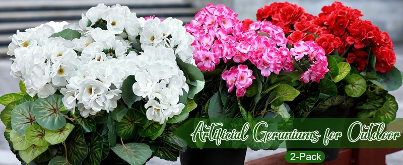 Set of 2 Artificial Flowers Potted for Outdoor, Pre-Made Faux ranium gallery