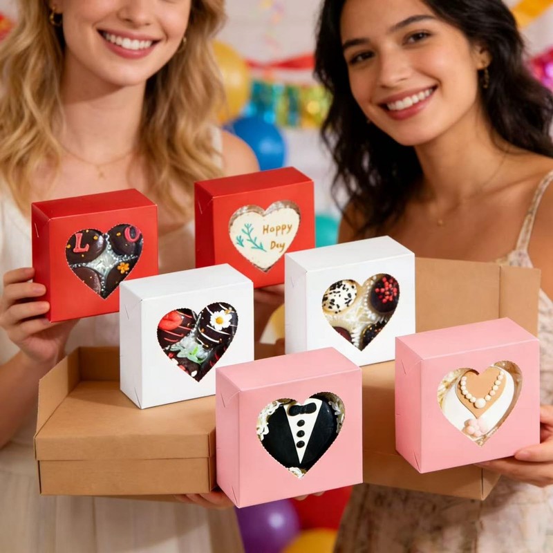 48PCS 4x4x2 Heart-Shaped Window Bakery Boxes in Pink,White, Red - Perfect for... gallery