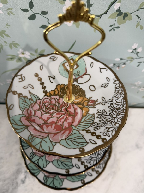 3 Tier Ceramic Vintage Cake Stand with Beautiful Classic Rose Pattern, Food Rack gallery